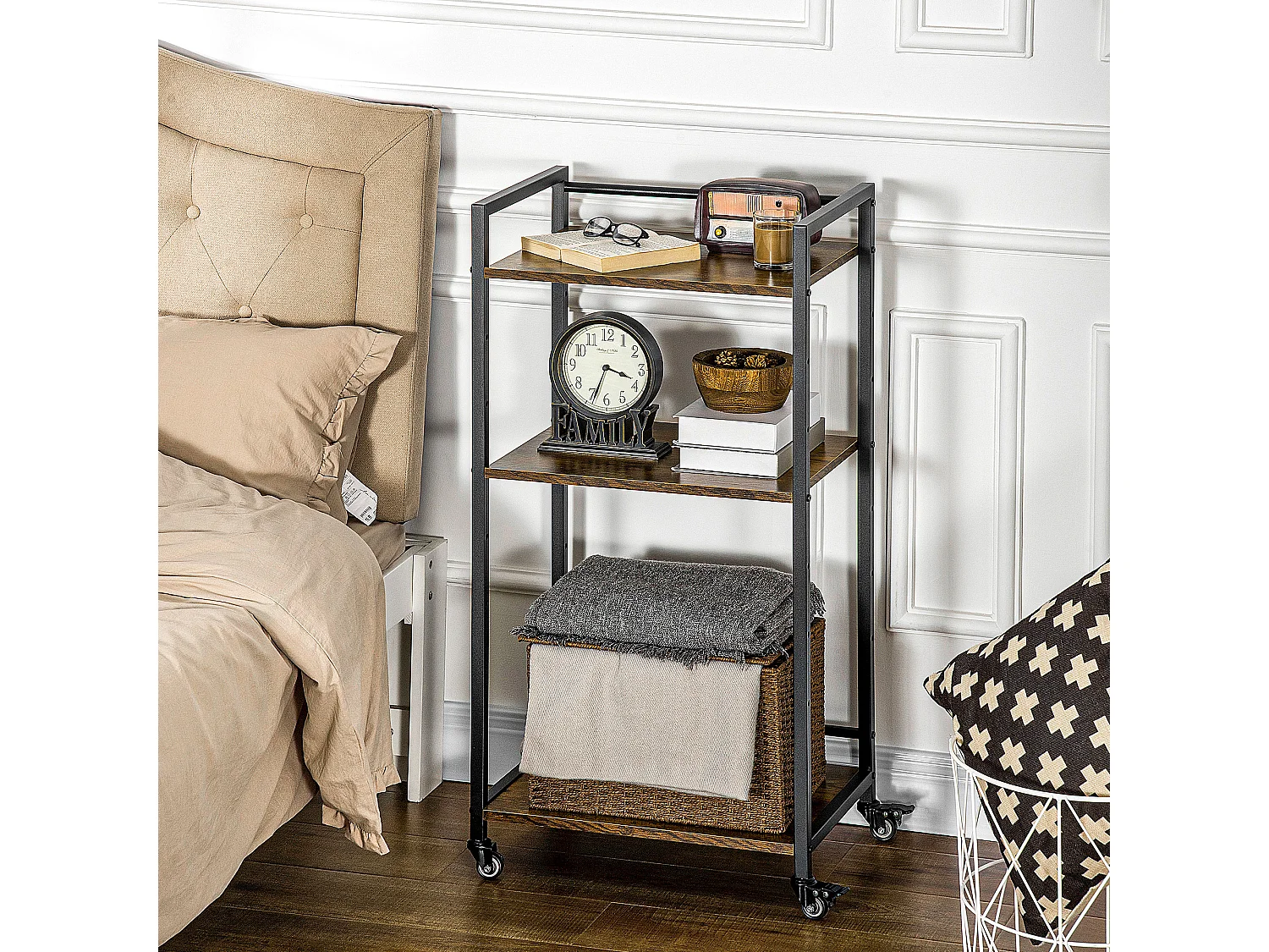 Chariot de service desserte Vintage style industriel 3 étagères réglables acier noir panneaux particules aspect bois