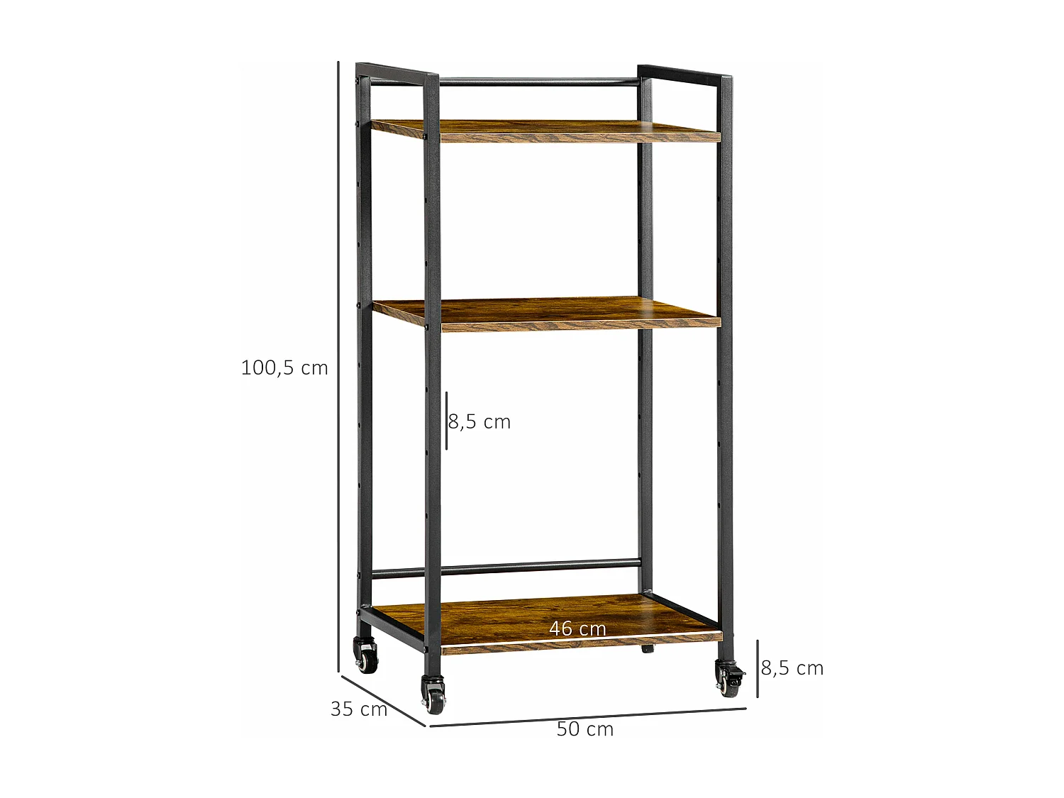 Chariot de service desserte Vintage style industriel 3 étagères réglables acier noir panneaux particules aspect bois