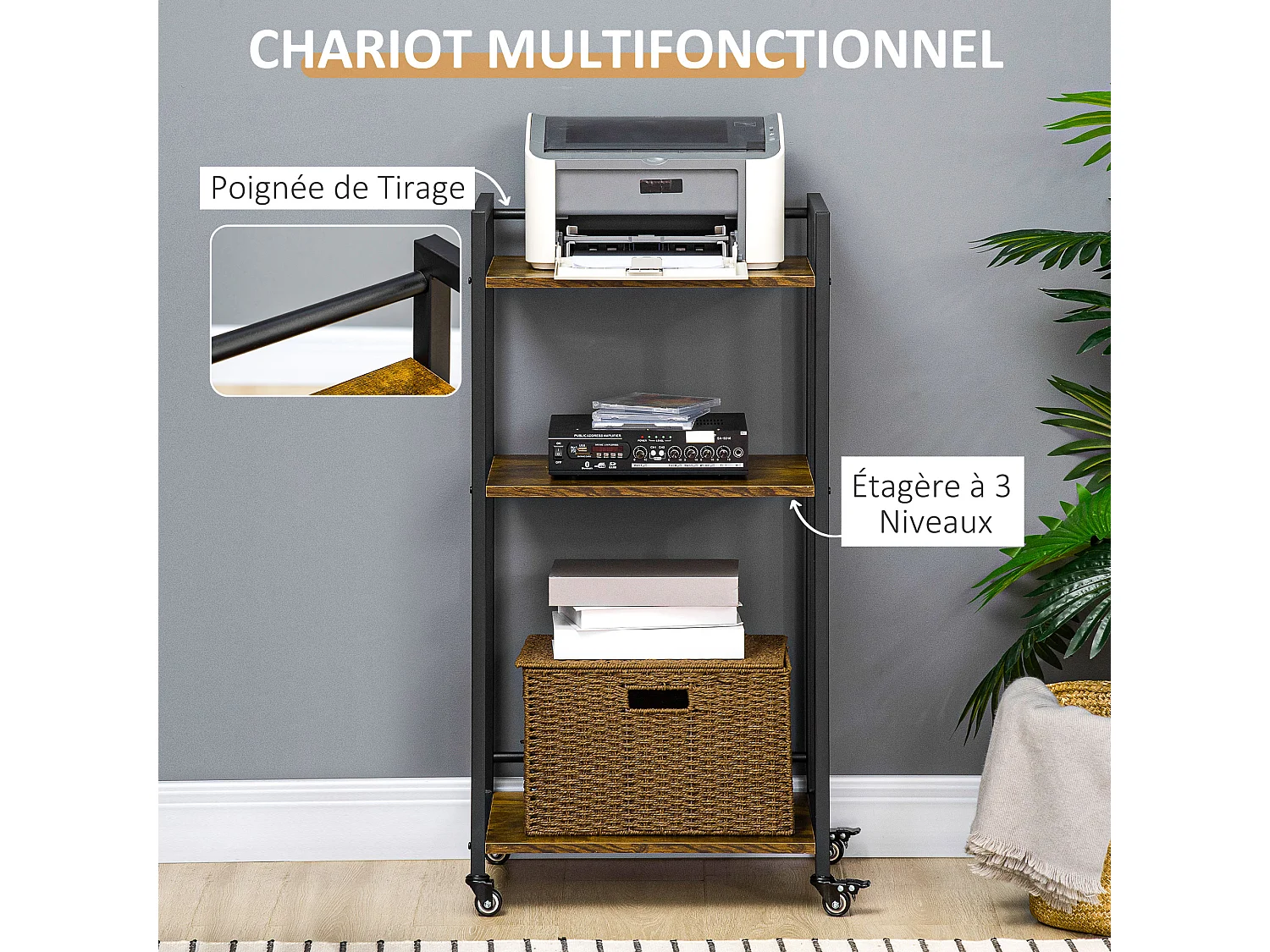 Chariot de service desserte Vintage style industriel 3 étagères réglables acier noir panneaux particules aspect bois