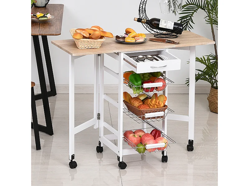 Chariot de service desserte de cuisine à roulettes multi-rangements 3 paniers métal + tiroir + rallonges MDF blanc chêne clair