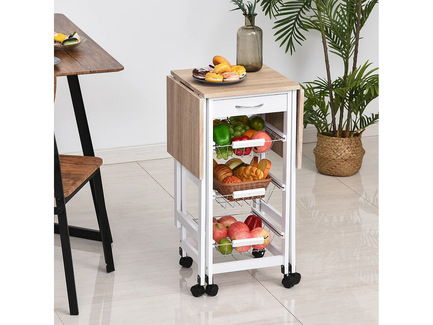 Chariot de service desserte de cuisine à roulettes multi-rangements 3 paniers métal + tiroir + rallonges MDF blanc chêne clair