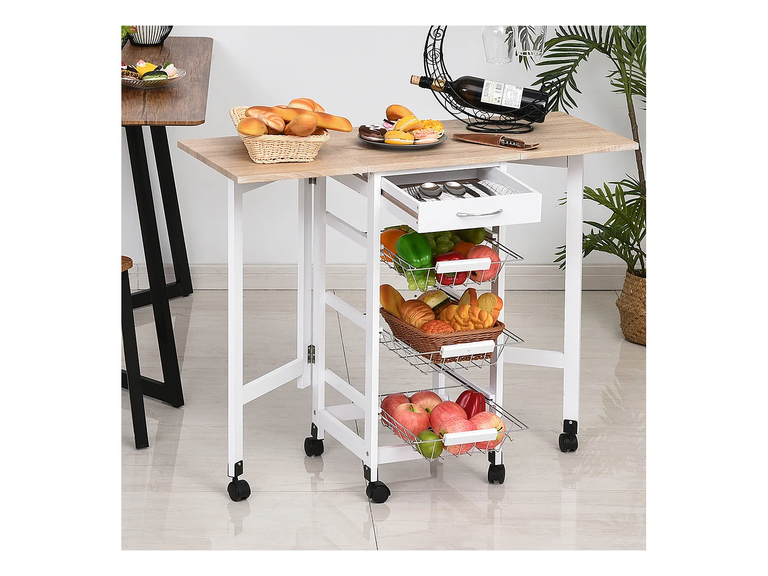 Chariot de service desserte de cuisine à roulettes multi-rangements 3 paniers métal + tiroir + rallonges MDF blanc chêne clair