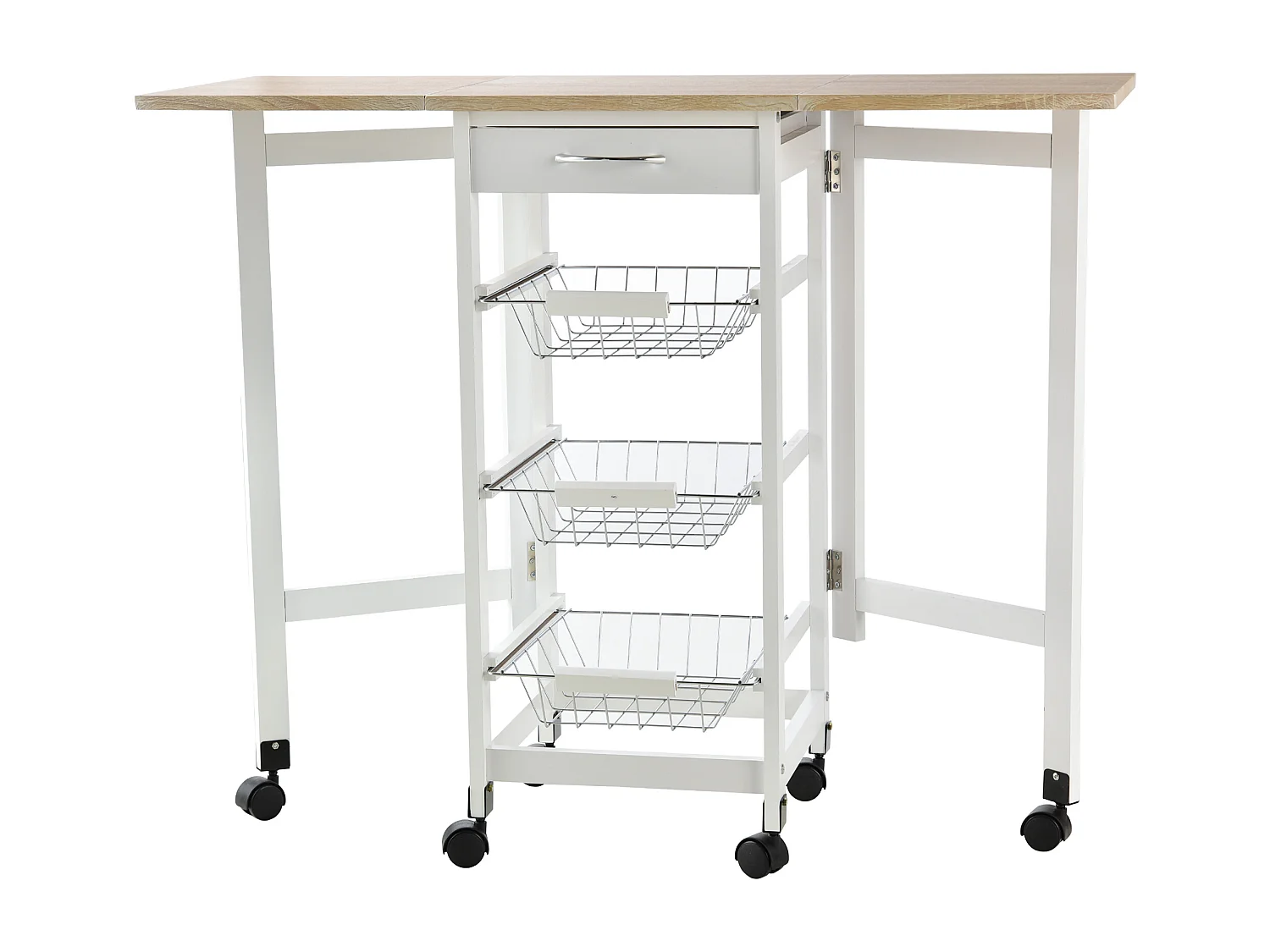 Chariot de service desserte de cuisine à roulettes multi-rangements 3 paniers métal + tiroir + rallonges MDF blanc chêne clair