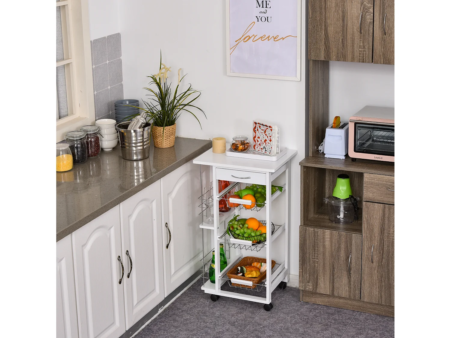 Chariot de service desserte de cuisine à roulettes multi-rangements 3 paniers métal tiroir + 2 range-bouteilles bois pin blanc