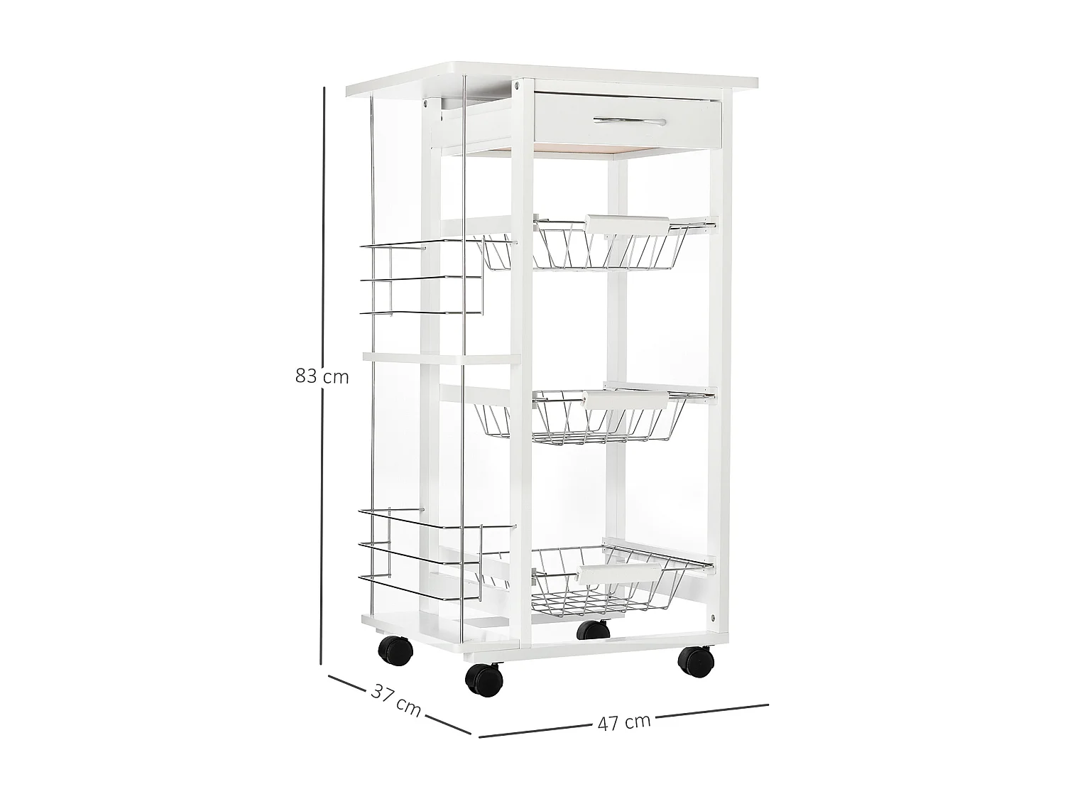 Chariot de service desserte de cuisine à roulettes multi-rangements 3 paniers métal tiroir + 2 range-bouteilles bois pin blanc
