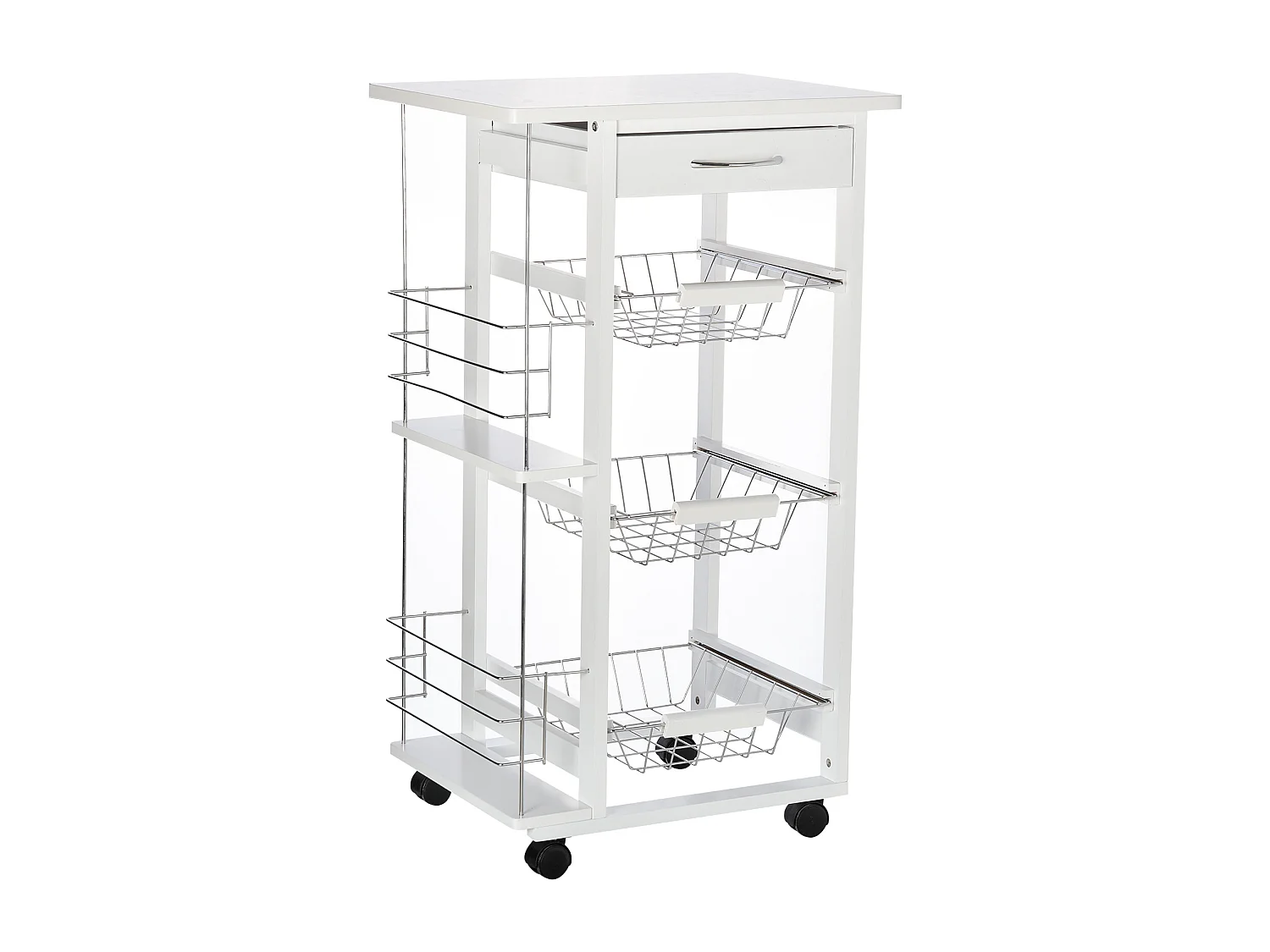 Chariot de service desserte de cuisine à roulettes multi-rangements 3 paniers métal tiroir + 2 range-bouteilles bois pin blanc