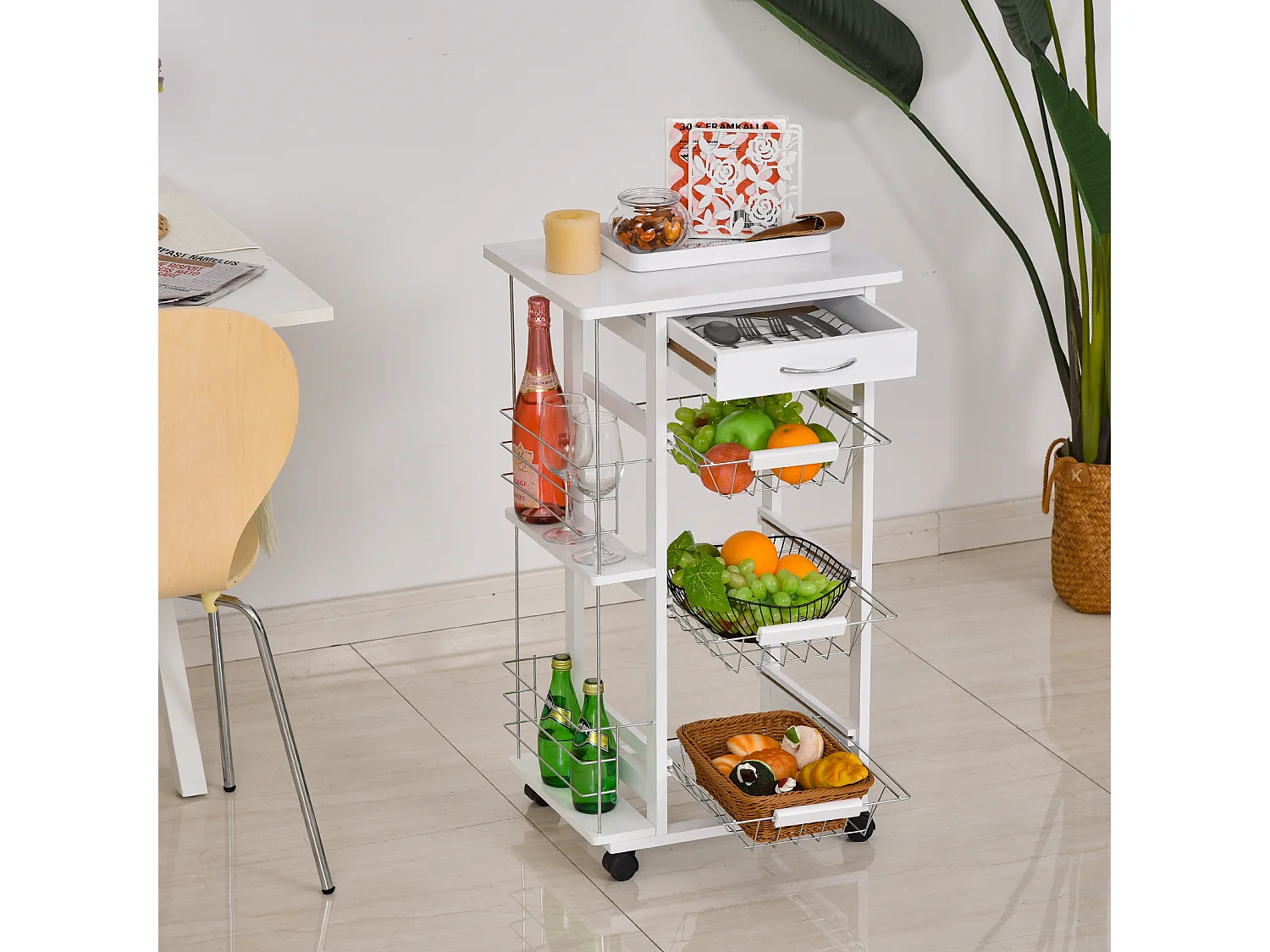 Chariot de service desserte de cuisine à roulettes multi-rangements 3 paniers métal tiroir + 2 range-bouteilles bois pin blanc