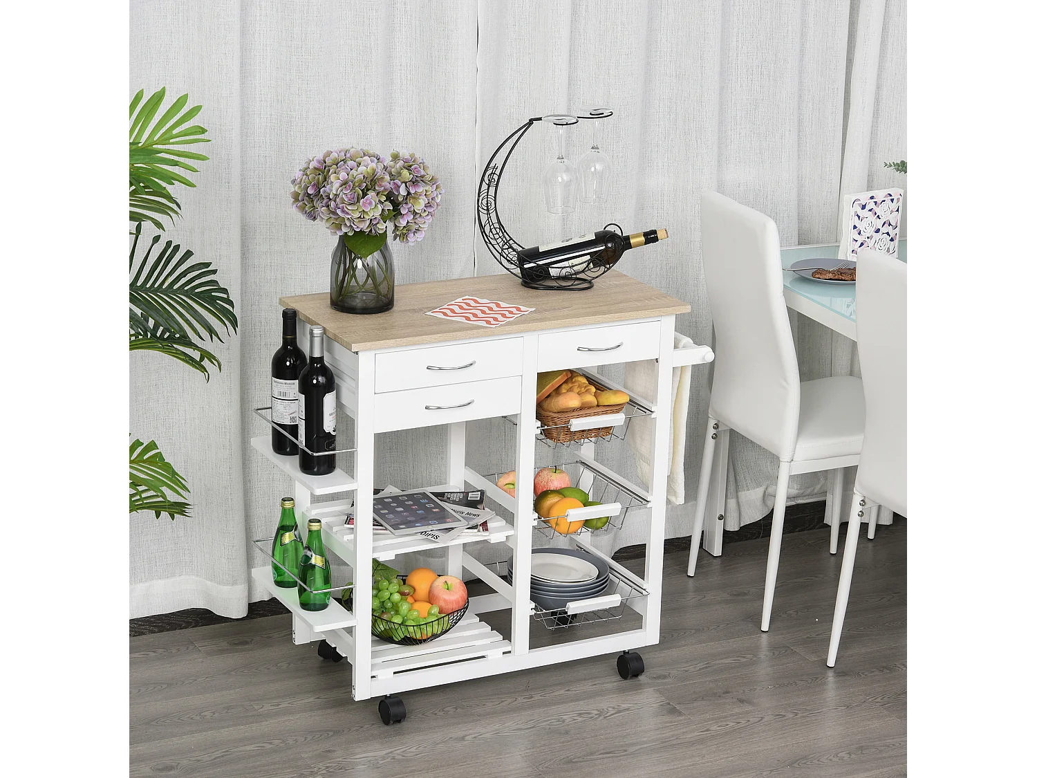 Chariot de service desserte de cuisine à roulettes multi-rangements 92L x 37l x 82H cm MDF imitation chêne clair pin blanc