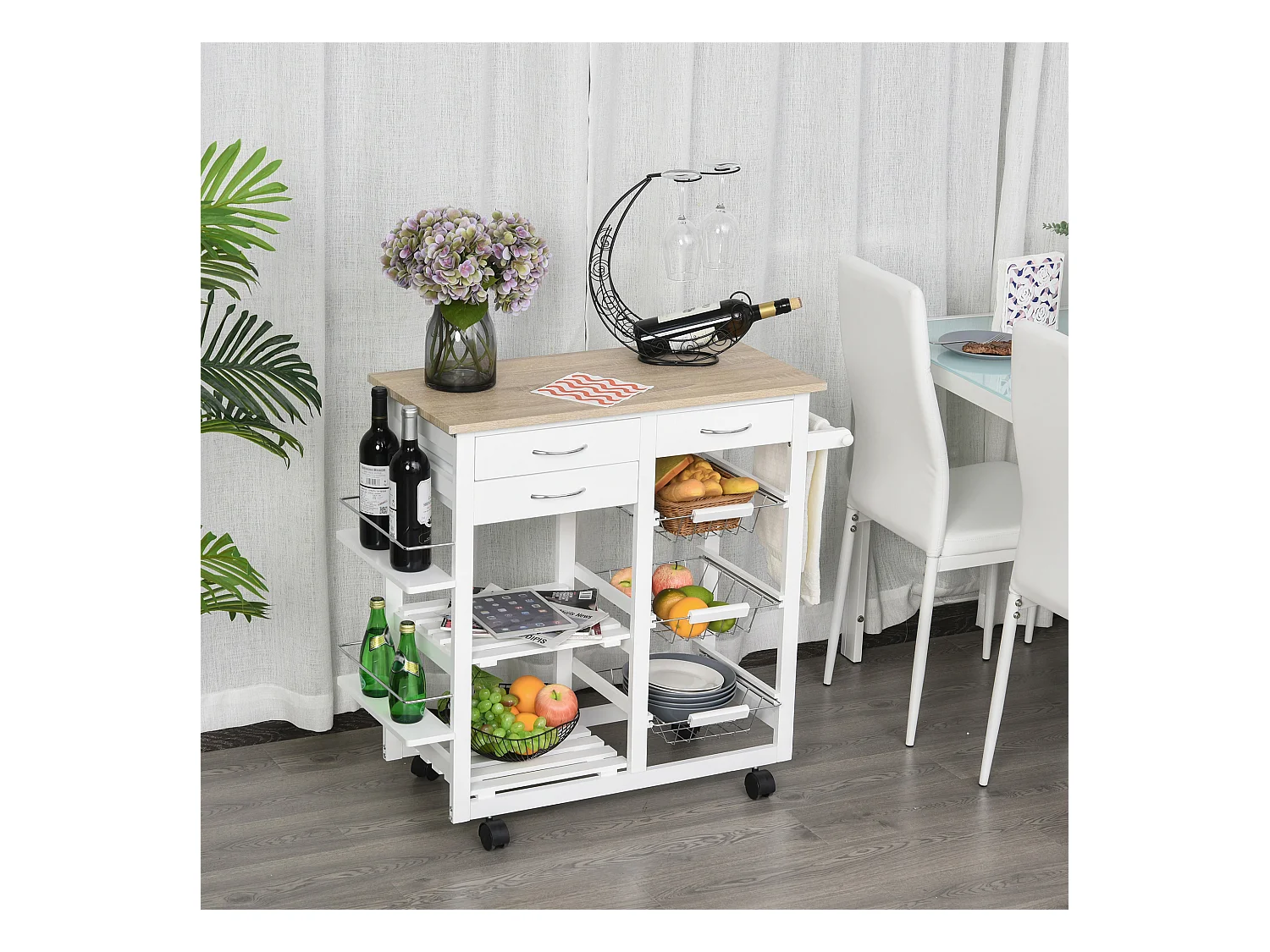 Chariot de service desserte de cuisine à roulettes multi-rangements 92L x 37l x 82H cm MDF imitation chêne clair pin blanc