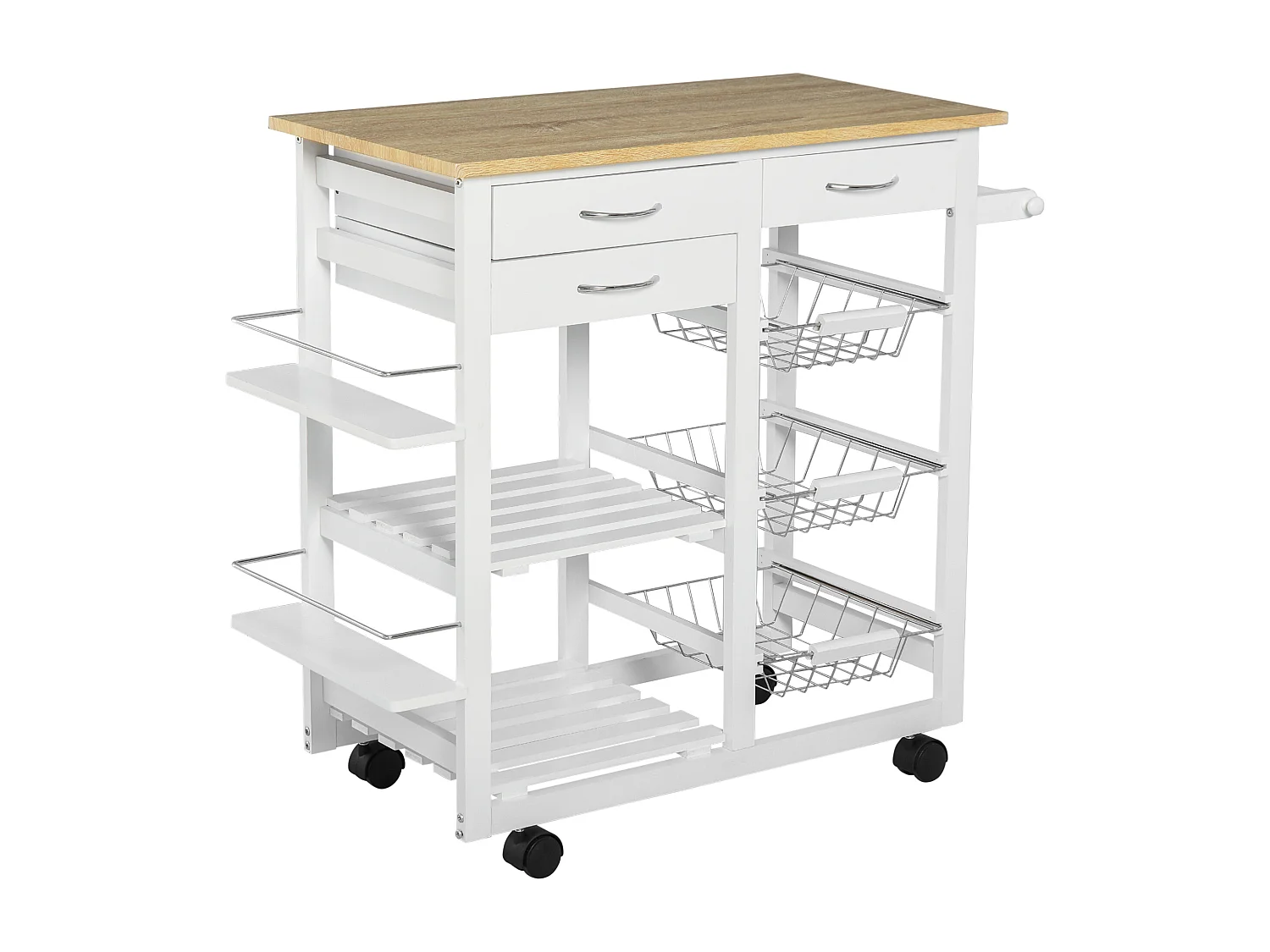 Chariot de service desserte de cuisine à roulettes multi-rangements 92L x 37l x 82H cm MDF imitation chêne clair pin blanc