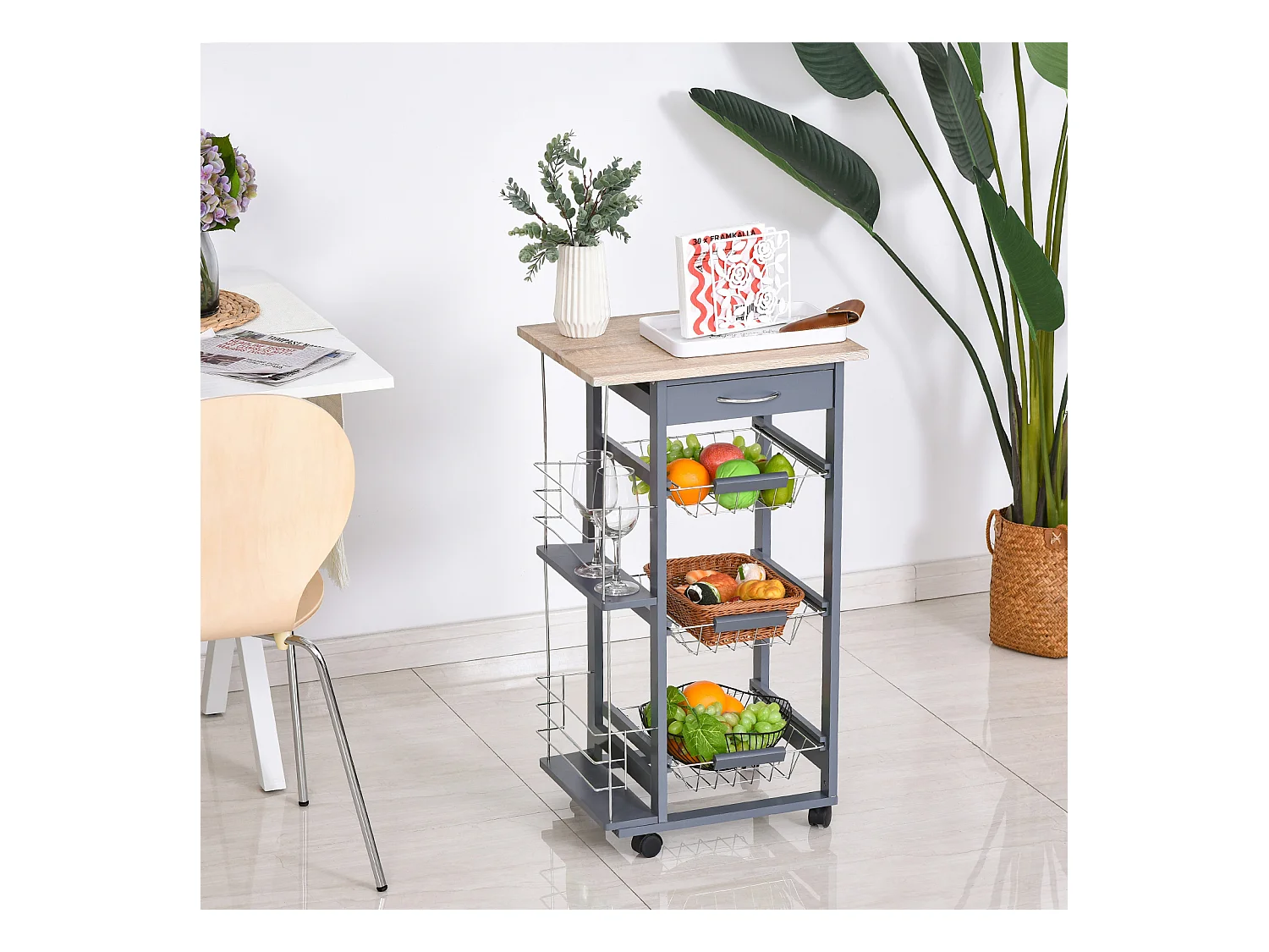 Chariot de service desserte de cuisine à roulettes multi-rangements 3 paniers métal tiroir + 2 range-bouteilles bois pin gris