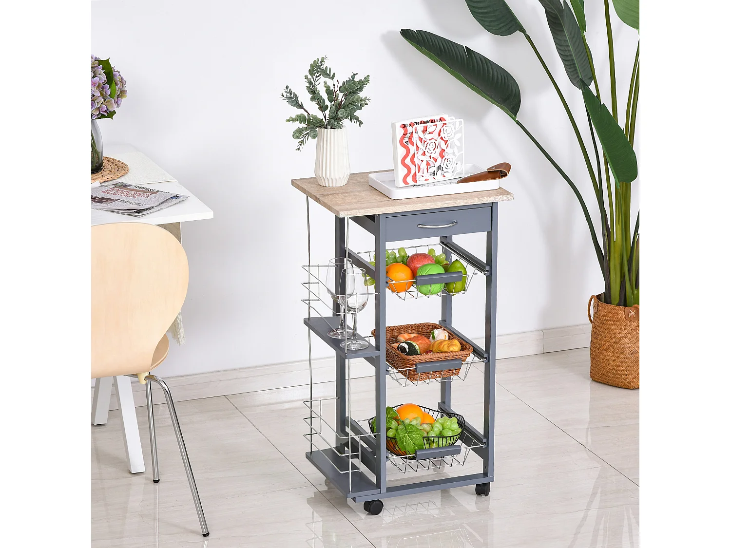 Chariot de service desserte de cuisine à roulettes multi-rangements 3 paniers métal tiroir + 2 range-bouteilles bois pin gris