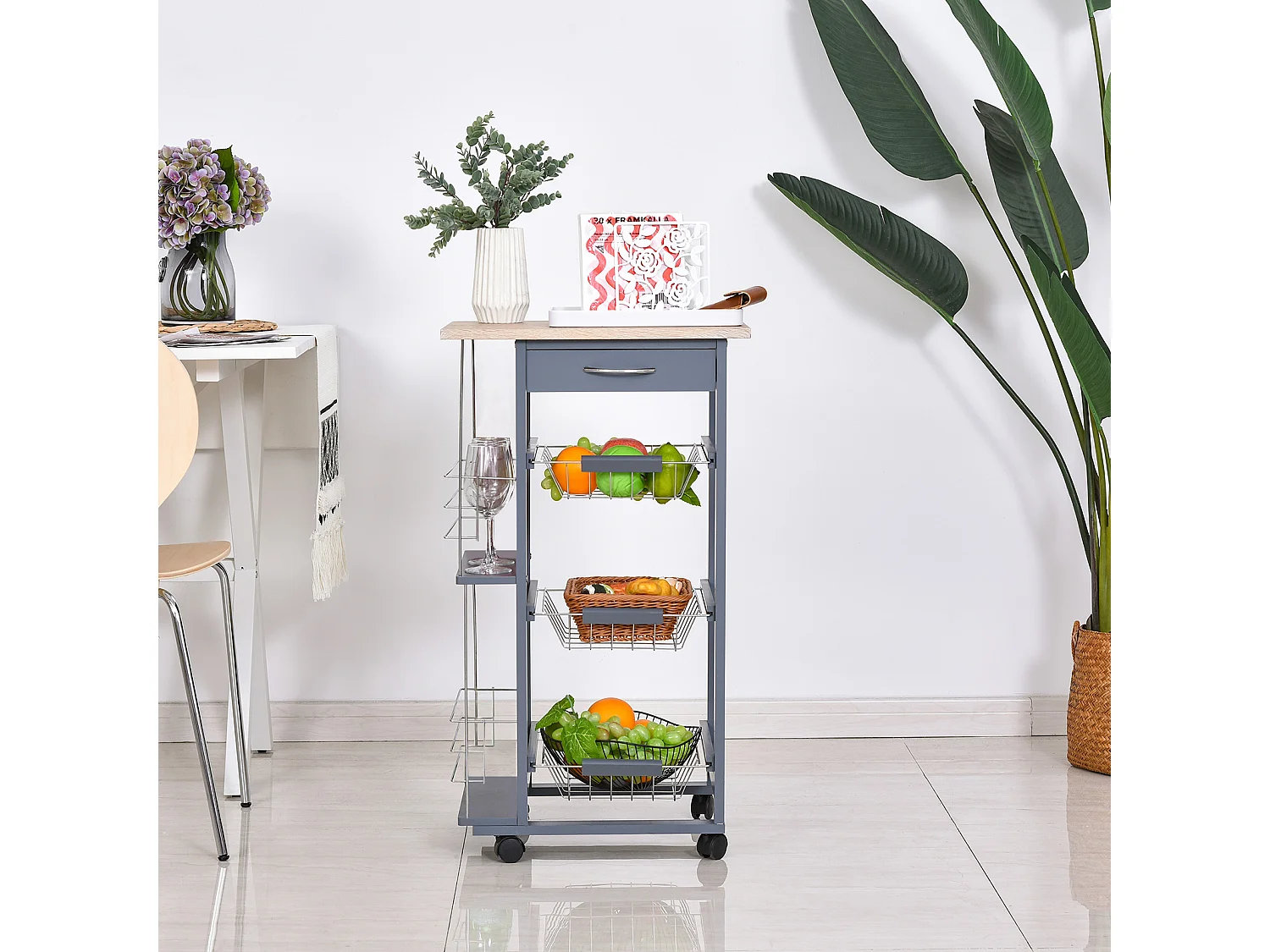 Chariot de service desserte de cuisine à roulettes multi-rangements 3 paniers métal tiroir + 2 range-bouteilles bois pin gris