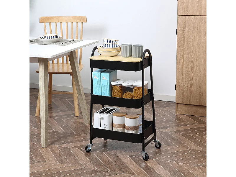 Desserte de cuisine chariot de service design industriel 3 étagères plateau amovible aspect bois clair acier noir