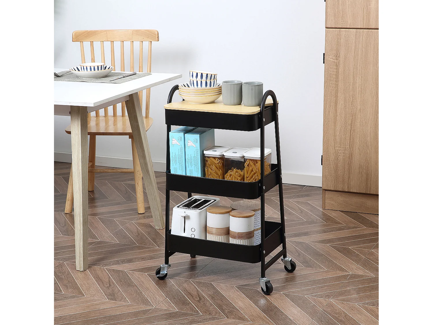 Desserte de cuisine chariot de service design industriel 3 étagères plateau amovible aspect bois clair acier noir