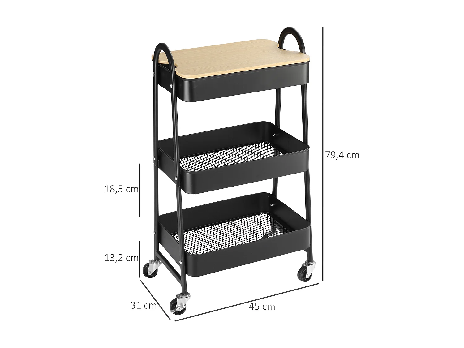 Desserte de cuisine chariot de service design industriel 3 étagères plateau amovible aspect bois clair acier noir