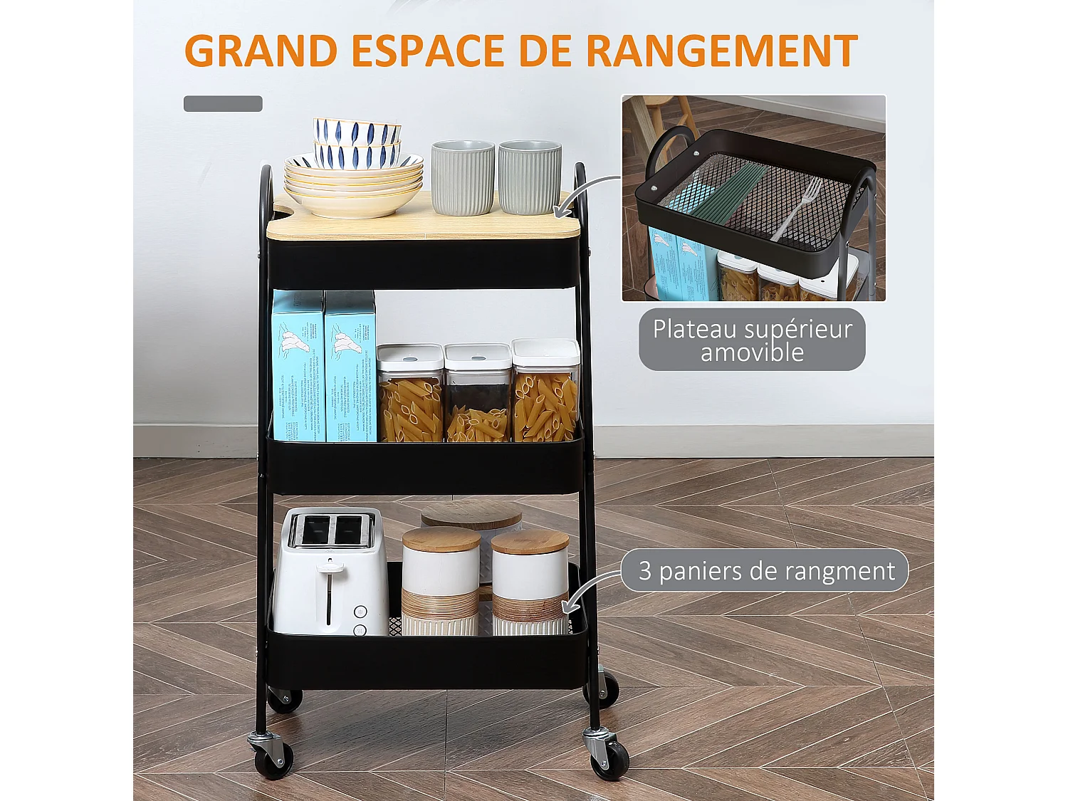 Desserte de cuisine chariot de service design industriel 3 étagères plateau amovible aspect bois clair acier noir