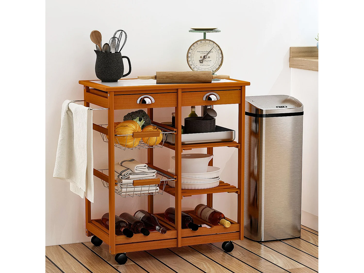 HOMCOM Chariot de service desserte à roulettes multi-rangements tiroirs paniers étagères range bouteilles bois de pin