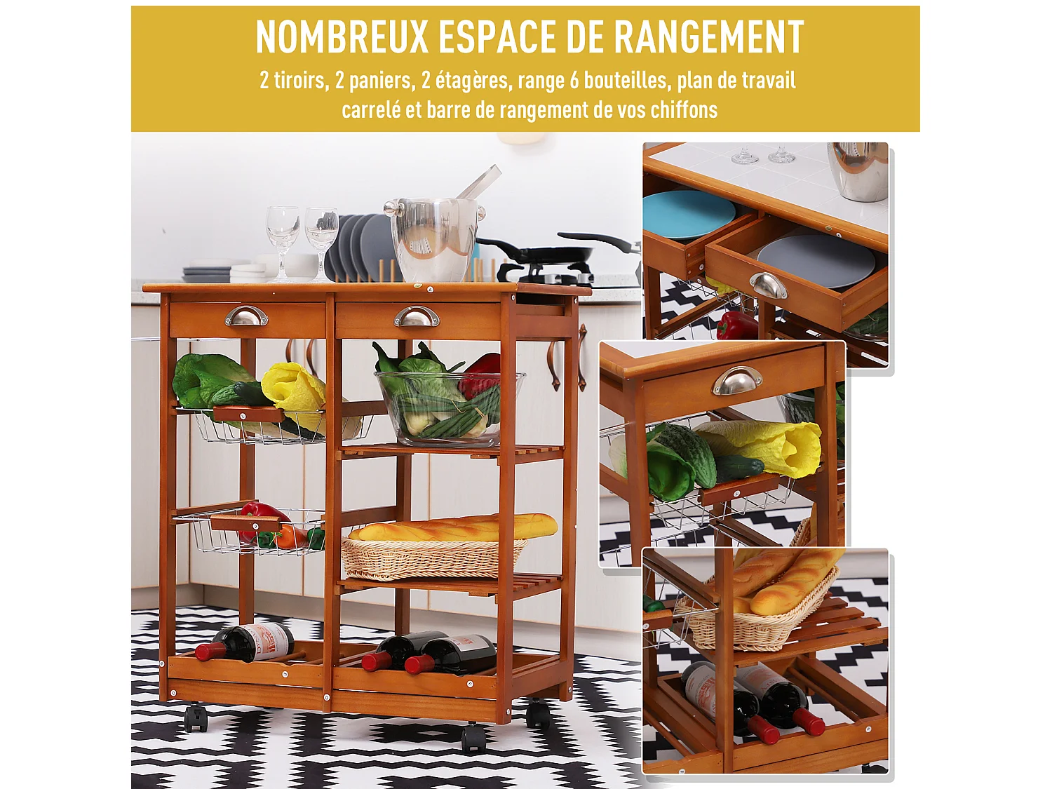 HOMCOM Chariot de service desserte à roulettes multi-rangements tiroirs paniers étagères range bouteilles bois de pin