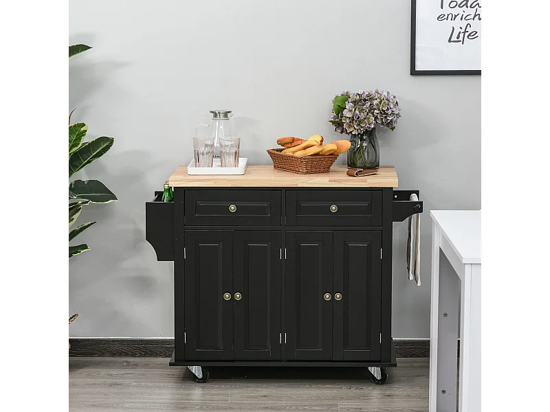 Desserte de cuisine multi rangements 2 tiroirs 2 placard 2 portes avec étagère range-bouteille porte-torchons MDF noir hévéa