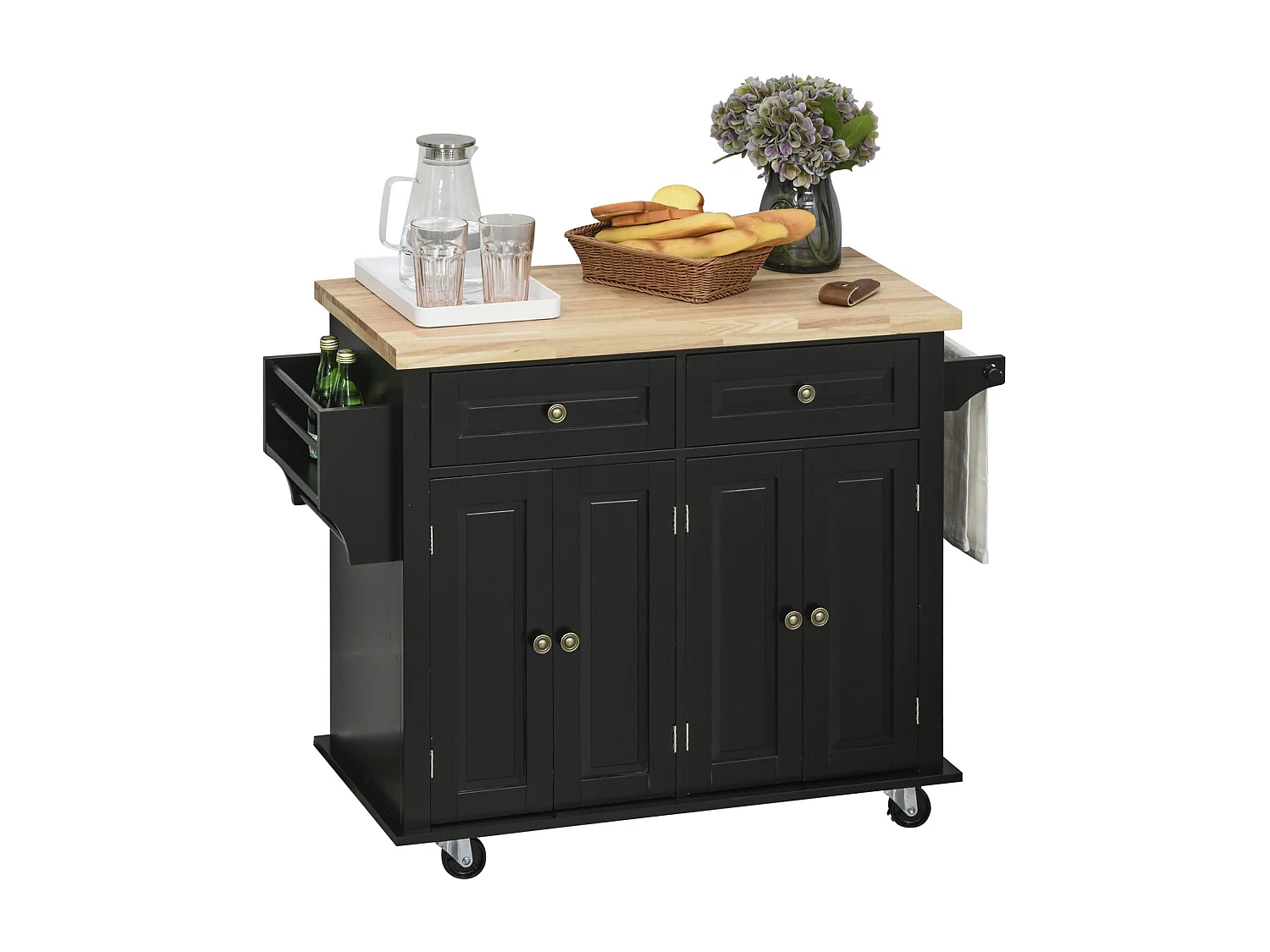 Desserte de cuisine multi rangements 2 tiroirs 2 placard 2 portes avec étagère range-bouteille porte-torchons MDF noir hévéa