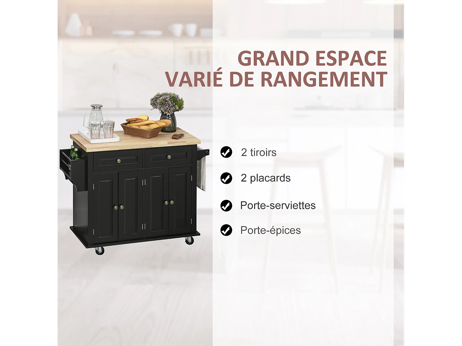 Desserte de cuisine multi rangements 2 tiroirs 2 placard 2 portes avec étagère range-bouteille porte-torchons MDF noir hévéa