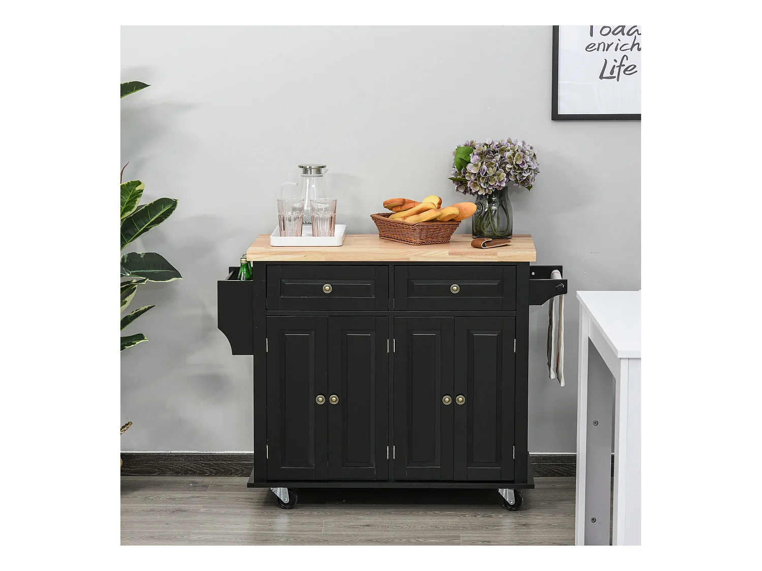 Desserte de cuisine multi rangements 2 tiroirs 2 placard 2 portes avec étagère range-bouteille porte-torchons MDF noir hévéa