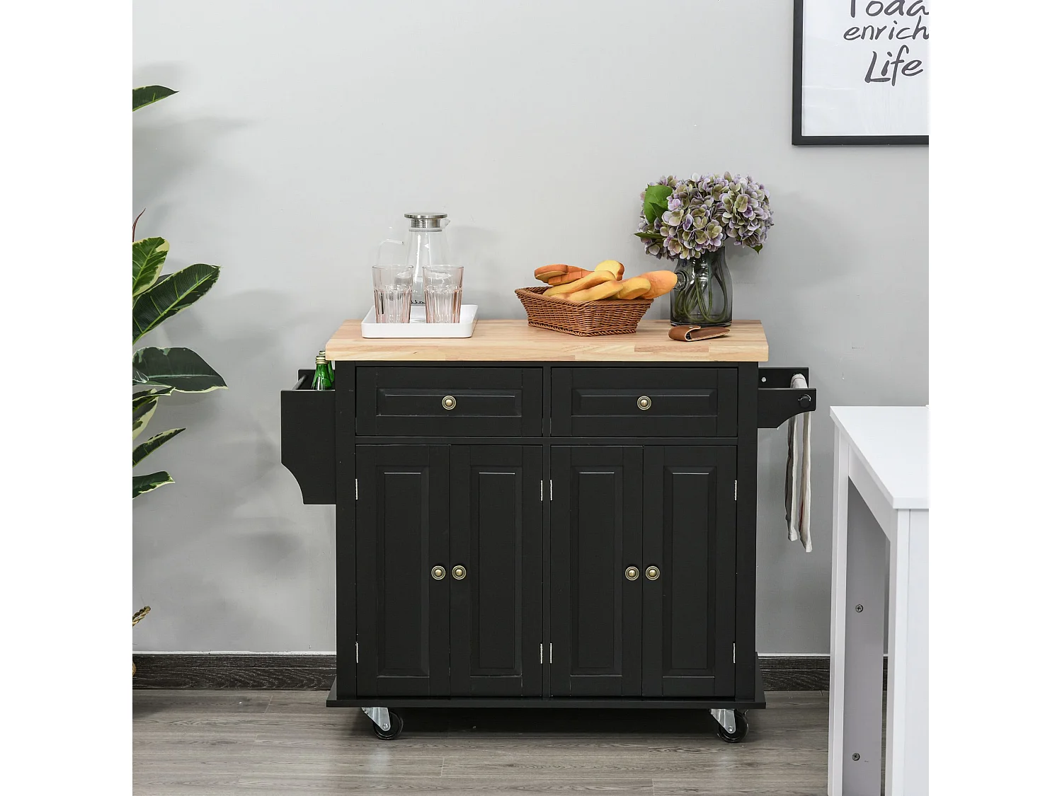 Desserte de cuisine multi rangements 2 tiroirs 2 placard 2 portes avec étagère range-bouteille porte-torchons MDF noir hévéa