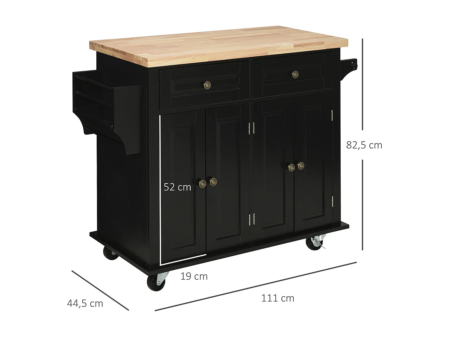 Desserte de cuisine multi rangements 2 tiroirs 2 placard 2 portes avec étagère range-bouteille porte-torchons MDF noir hévéa