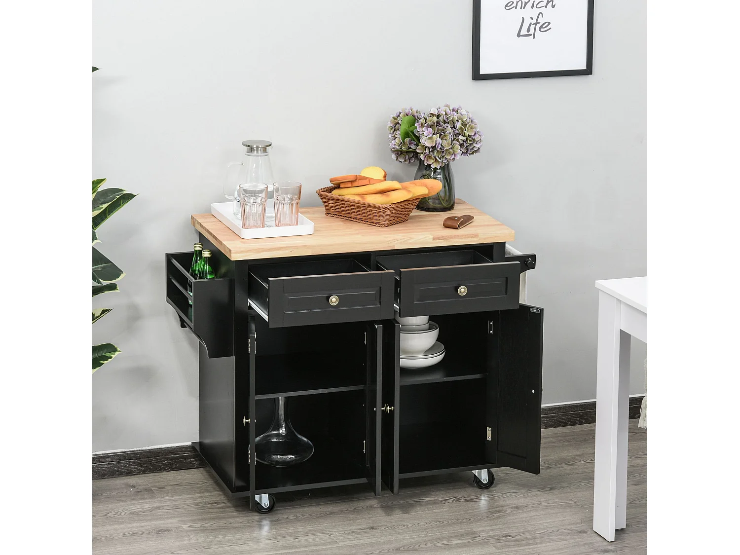 Desserte de cuisine multi rangements 2 tiroirs 2 placard 2 portes avec étagère range-bouteille porte-torchons MDF noir hévéa