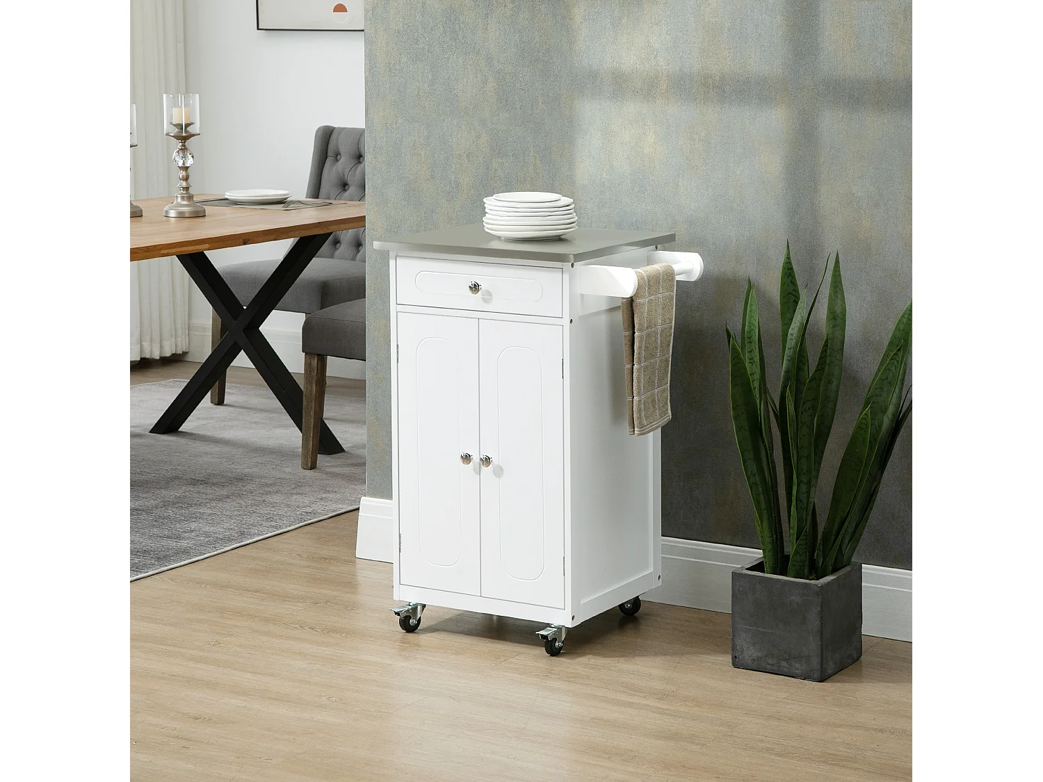 Desserte de cuisine multi-rangements 1 tiroir placard 2 portes avec étagère porte-torchons MDF blanc acier inox.