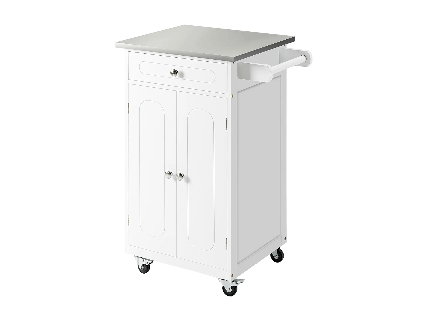 Desserte de cuisine multi-rangements 1 tiroir placard 2 portes avec étagère porte-torchons MDF blanc acier inox.