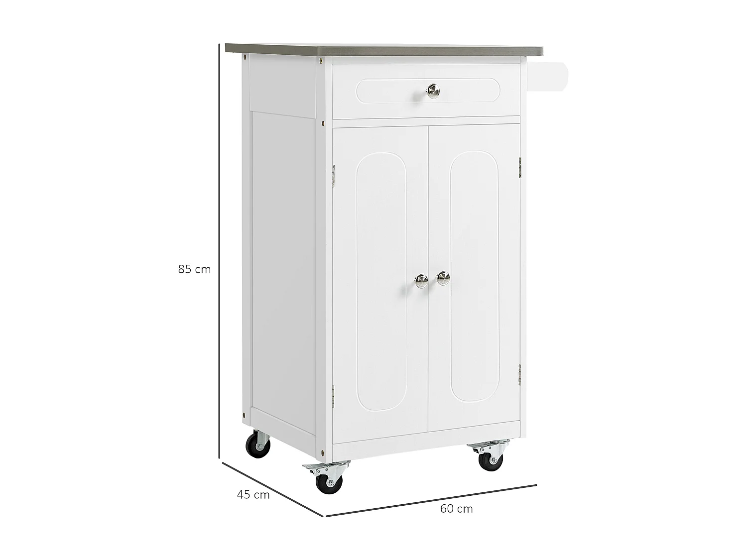 Desserte de cuisine multi-rangements 1 tiroir placard 2 portes avec étagère porte-torchons MDF blanc acier inox.