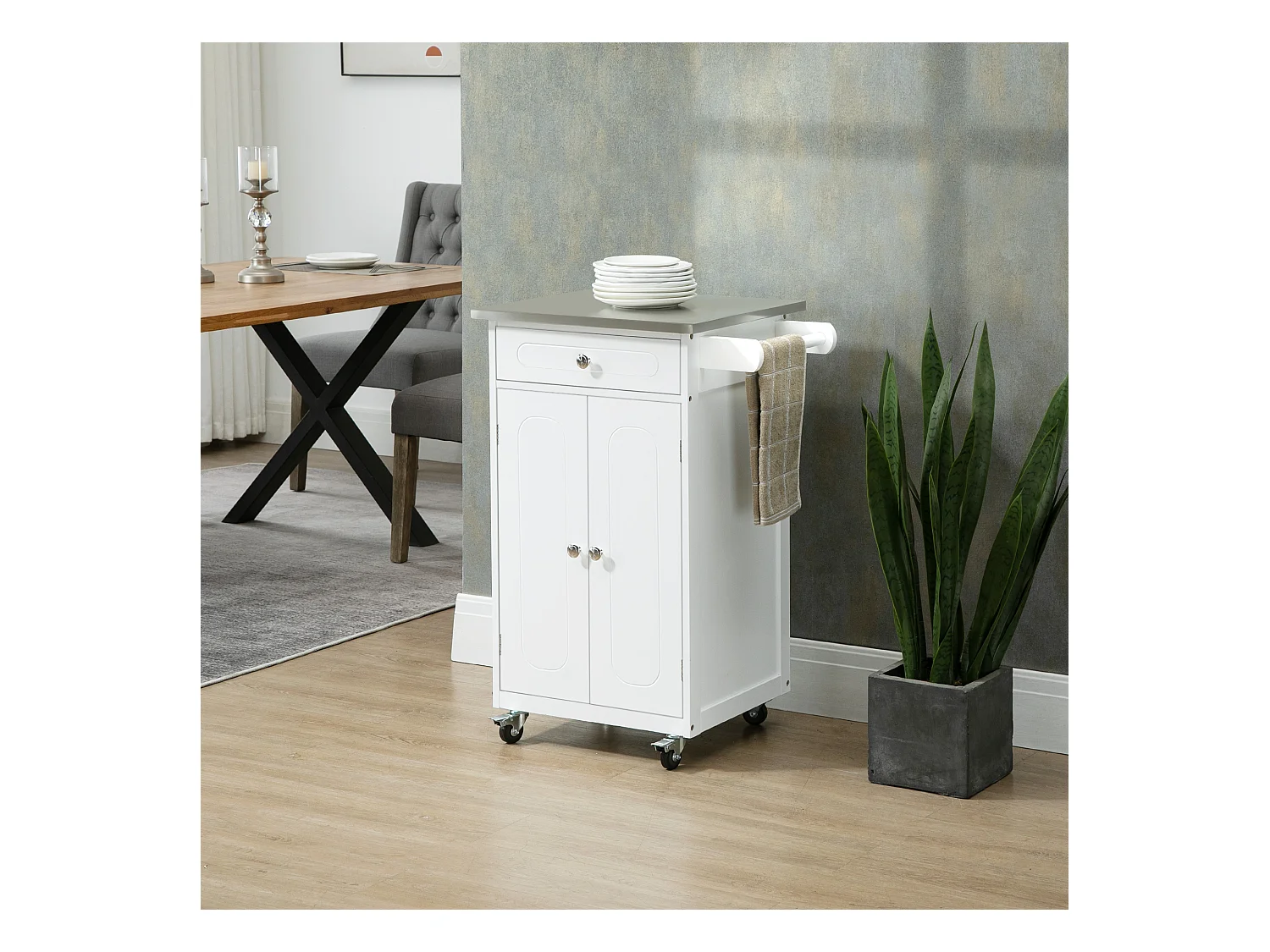 Desserte de cuisine multi-rangements 1 tiroir placard 2 portes avec étagère porte-torchons MDF blanc acier inox.