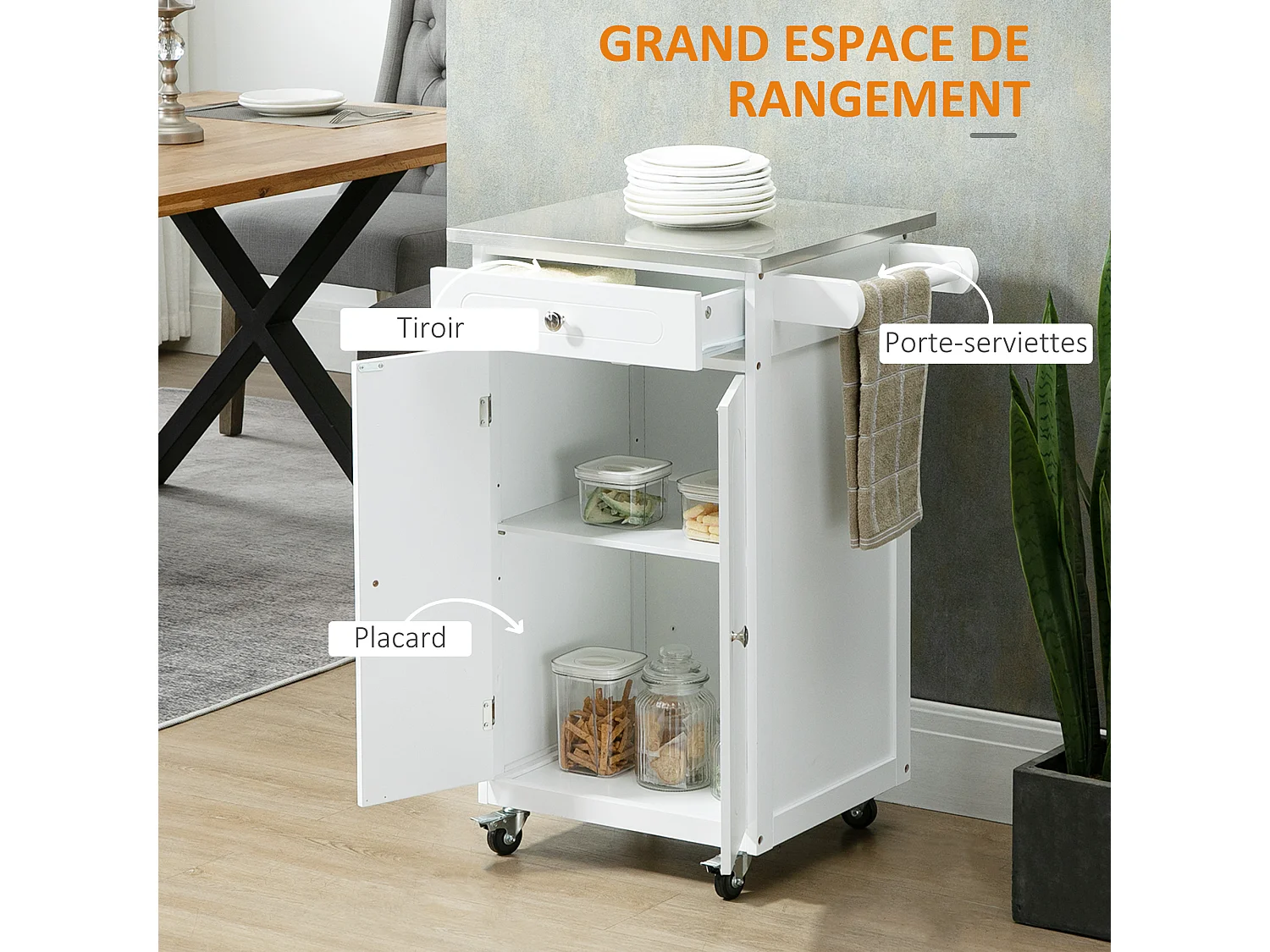 Desserte de cuisine multi-rangements 1 tiroir placard 2 portes avec étagère porte-torchons MDF blanc acier inox.