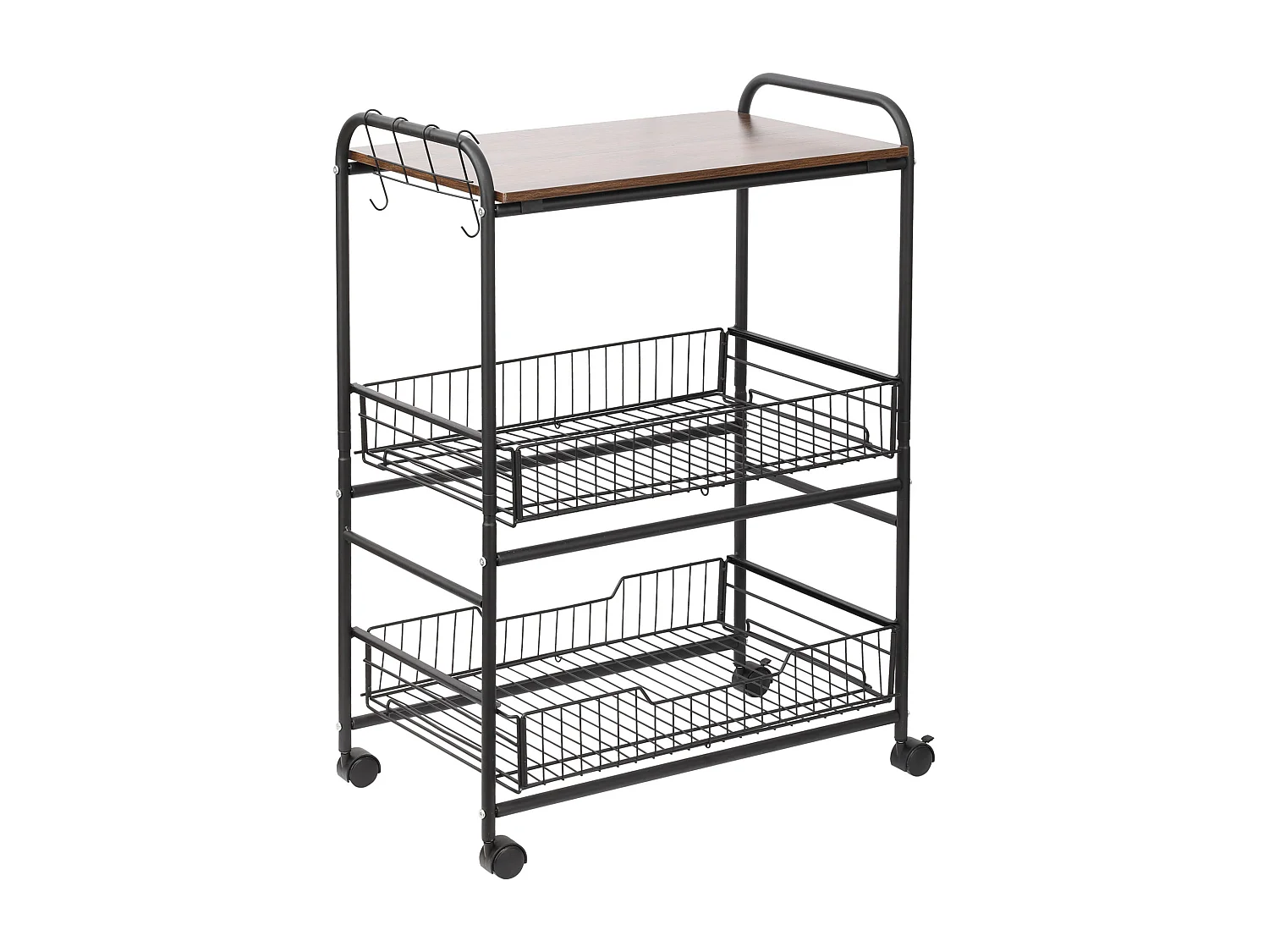 HOMCOM Desserte néo-rétro style industriel 2 paniers coulissants - métal noir plateau aspect bois de noyer