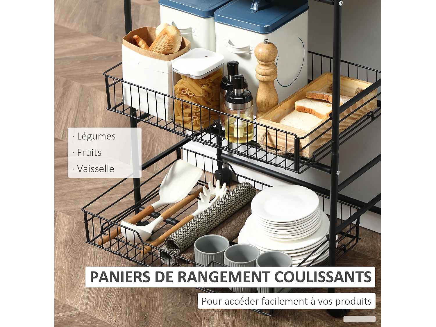 HOMCOM Desserte néo-rétro style industriel 2 paniers coulissants - métal noir plateau aspect bois de noyer