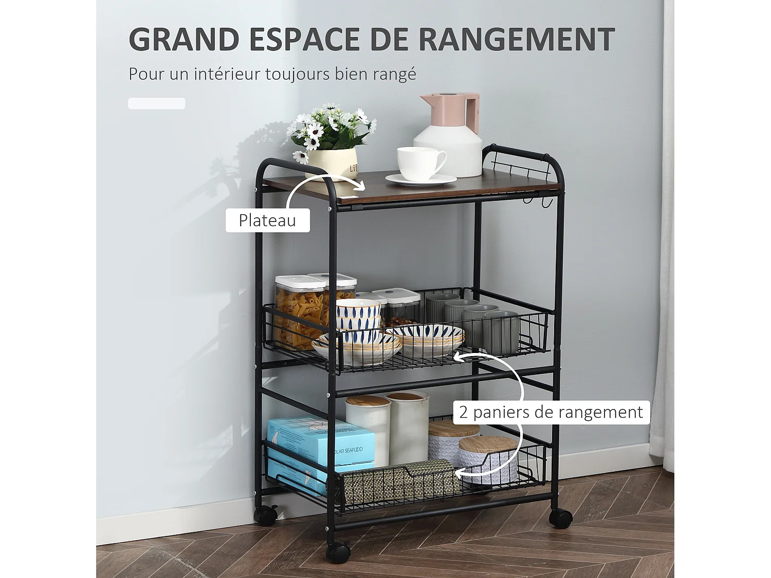 HOMCOM Desserte néo-rétro style industriel 2 paniers coulissants - métal noir plateau aspect bois de noyer