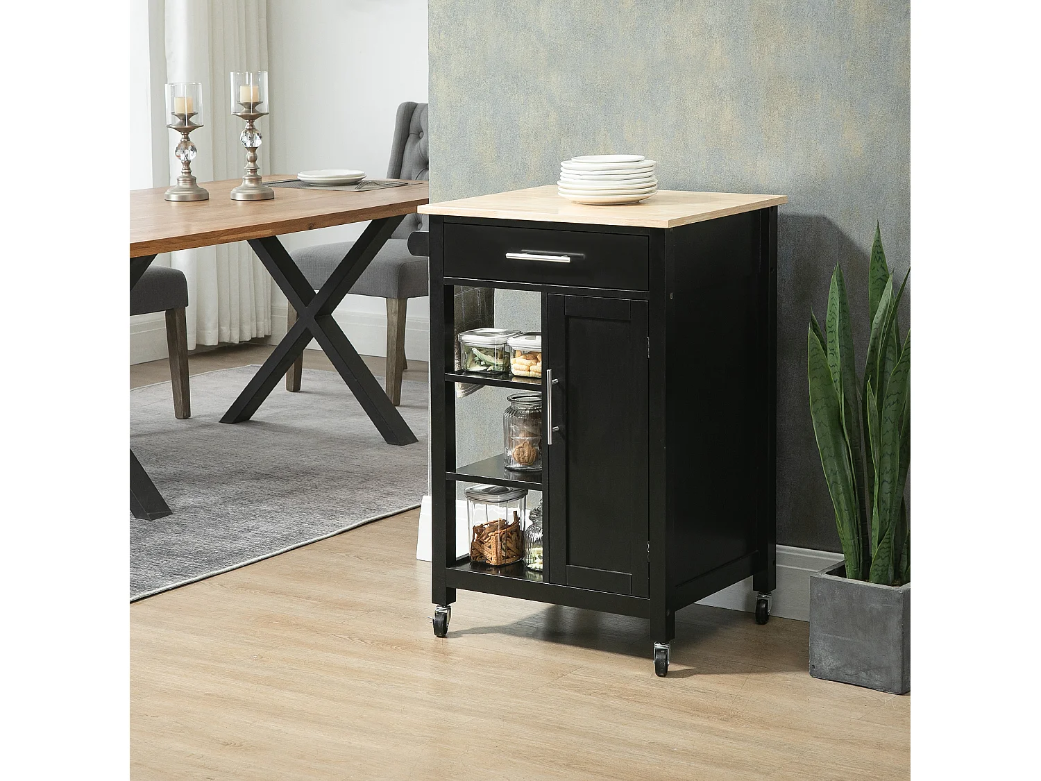 Desserte de cuisine style contemporain - porte, tiroir, 3 étagères - poignées métal MDF noir plateau bois hévéa