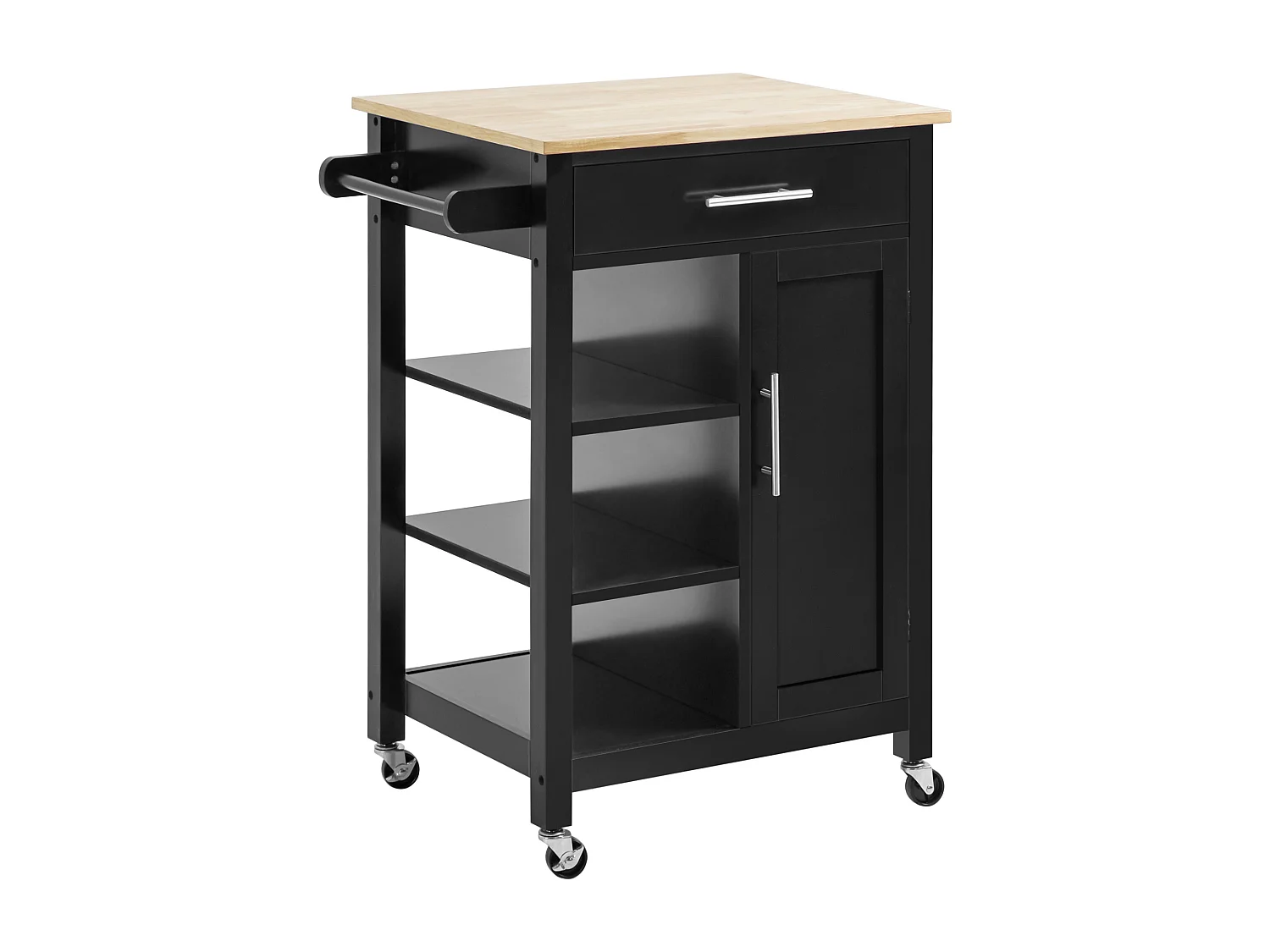 Desserte de cuisine style contemporain - porte, tiroir, 3 étagères - poignées métal MDF noir plateau bois hévéa