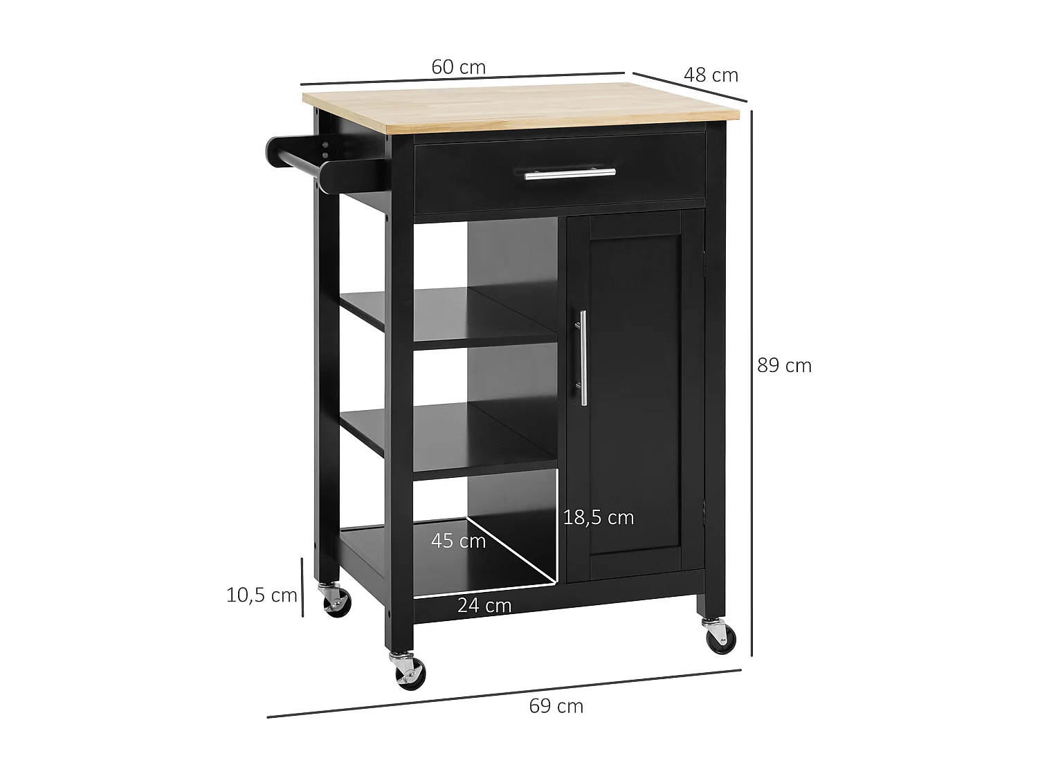 Desserte de cuisine style contemporain - porte, tiroir, 3 étagères - poignées métal MDF noir plateau bois hévéa