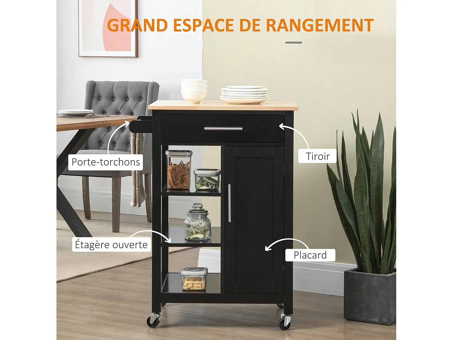 Desserte de cuisine style contemporain - porte, tiroir, 3 étagères - poignées métal MDF noir plateau bois hévéa