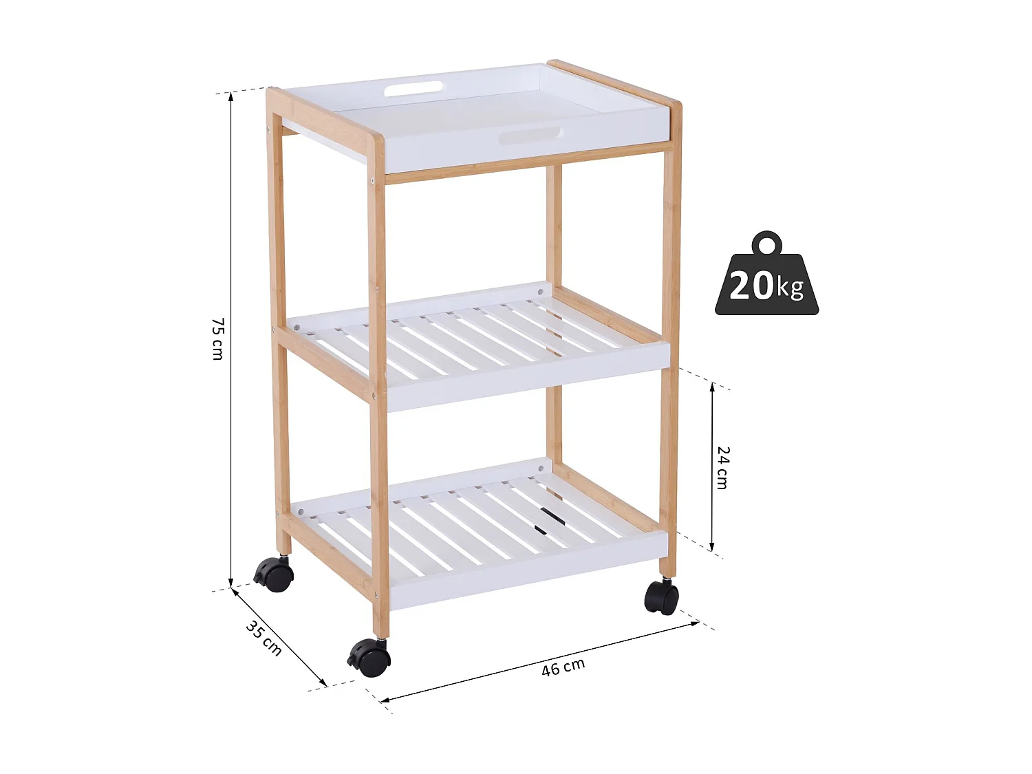 Chariot de service desserte de cuisine à roulettes 2 étagères + plateau amovible bois de pin MDF blanc