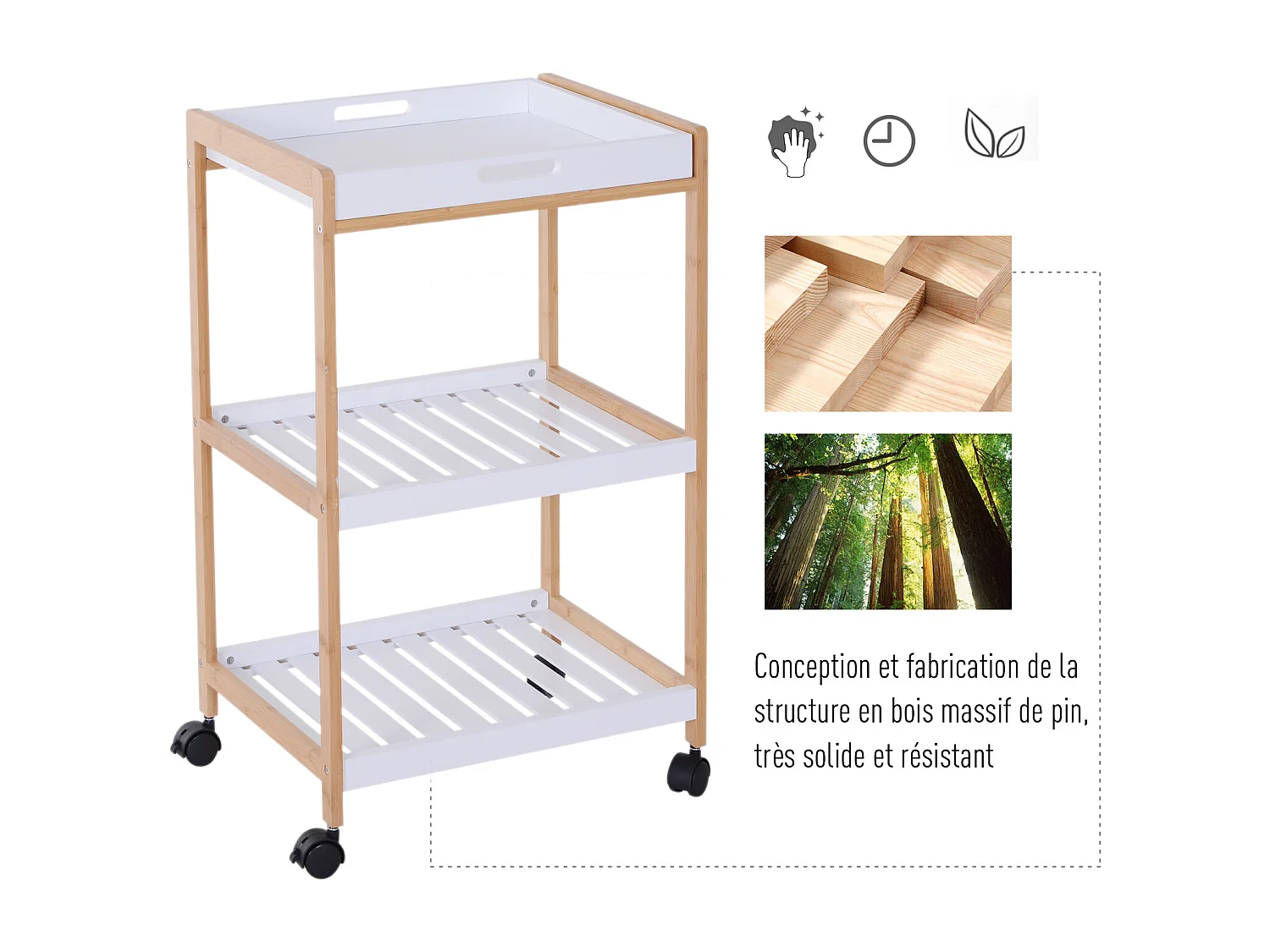 Chariot de service desserte de cuisine à roulettes 2 étagères + plateau amovible bois de pin MDF blanc