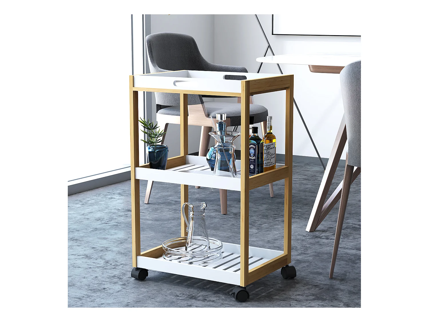 Chariot de service desserte de cuisine à roulettes 2 étagères + plateau amovible bois de pin MDF blanc