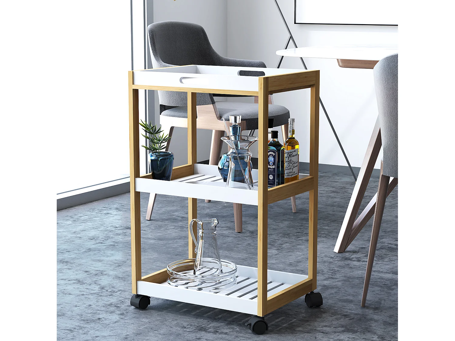 Chariot de service desserte de cuisine à roulettes 2 étagères + plateau amovible bois de pin MDF blanc