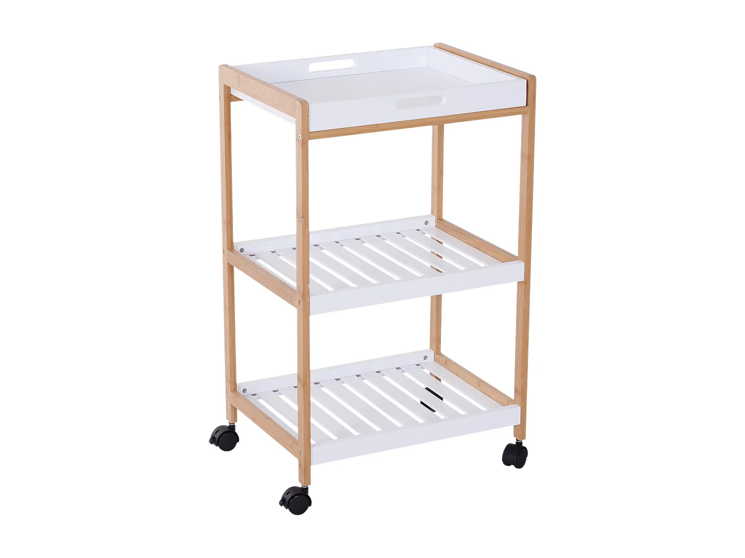 Chariot de service desserte de cuisine à roulettes 2 étagères + plateau amovible bois de pin MDF blanc