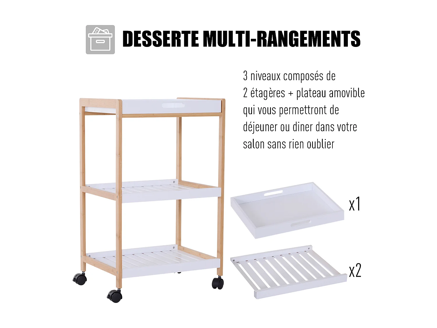 Chariot de service desserte de cuisine à roulettes 2 étagères + plateau amovible bois de pin MDF blanc