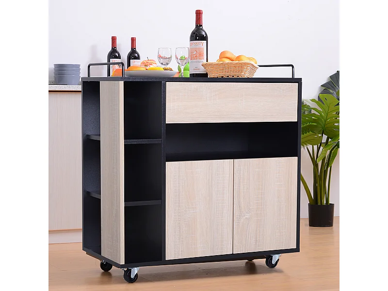 Chariot de service desserte de cuisine à roulettes multi-rangements placard double portes + 3 étagères + niche + tiroir panneaux particules noir chêne