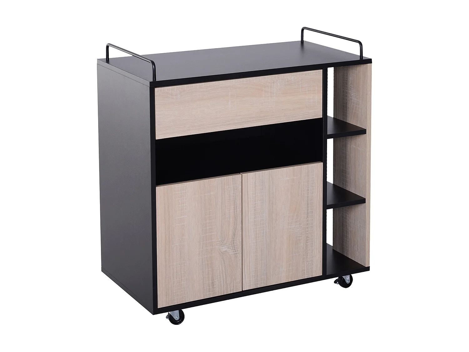 Chariot de service desserte de cuisine à roulettes multi-rangements placard double portes + 3 étagères + niche + tiroir panneaux particules noir chêne